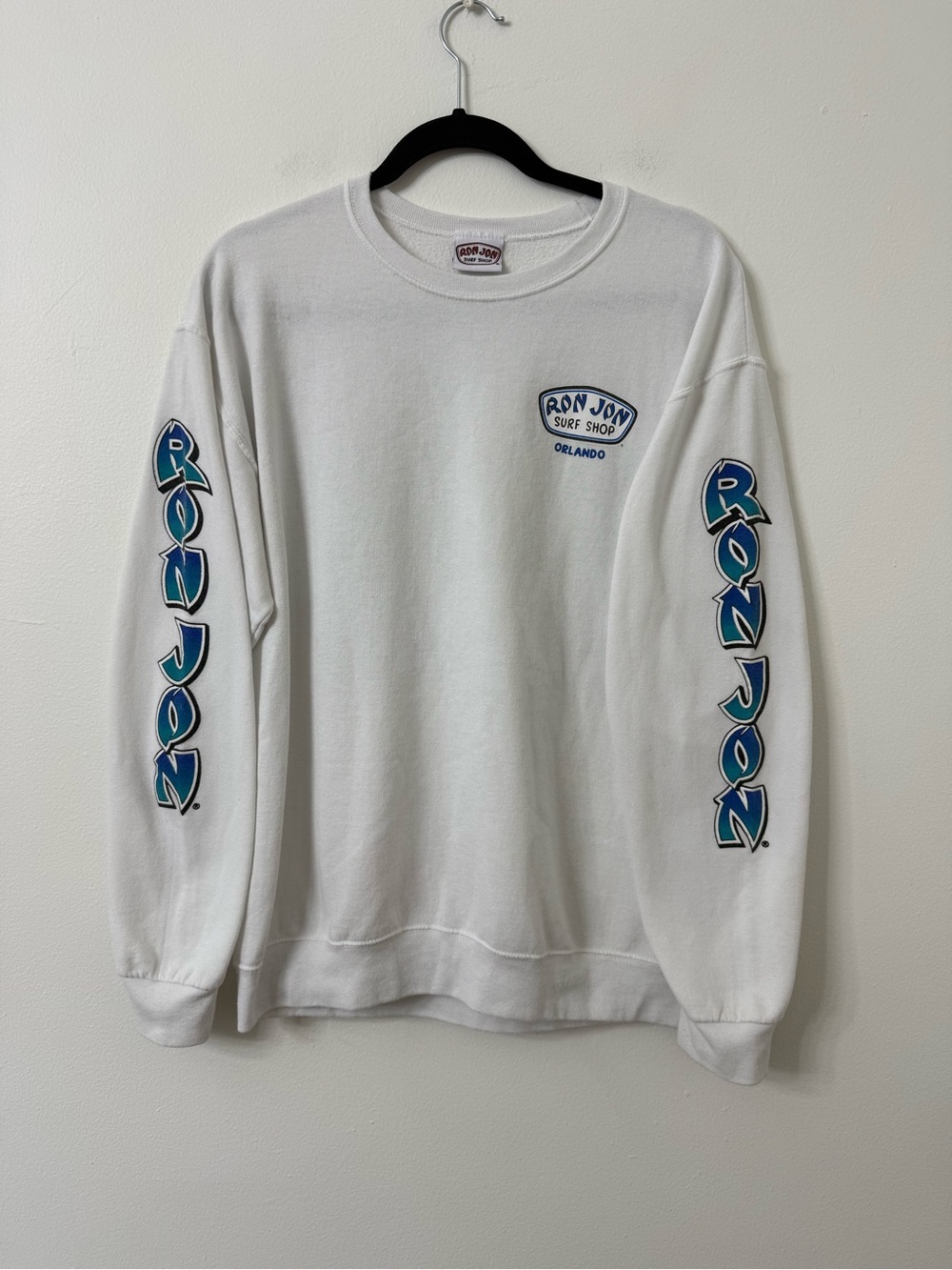 {M} Ron Jon White Crewneck Sweatshirt with Blue Sleeve Logos